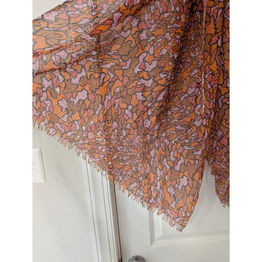 Saks Fifth Avenue Wool Silk Abstract Print Scarf Orange Fringe O/S fall earthy